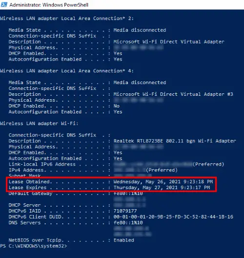 view DHCP lease time windows 10