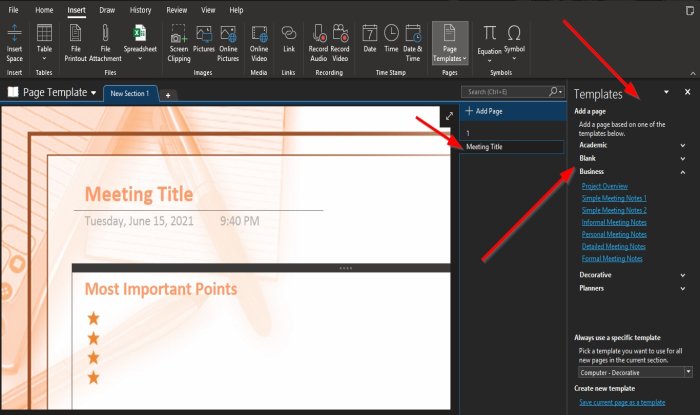 How to use Page Template in OneNote