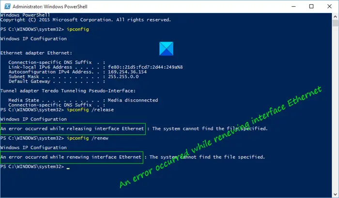 An error occurred while renewing interface Ethernet