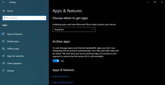 Archive Apps feature Windows 10