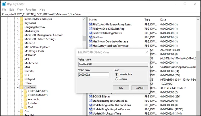 Enable ADAL for OneDrive Registry