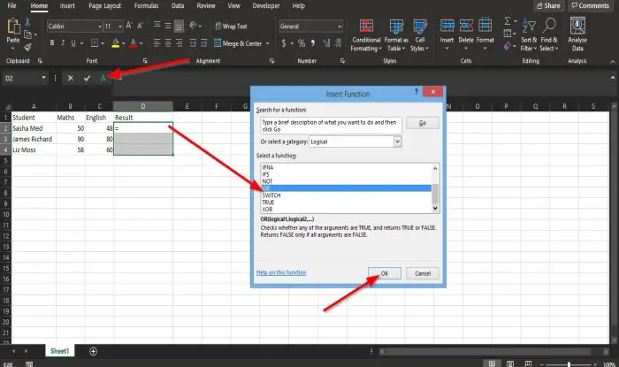 How to use Excel OR function