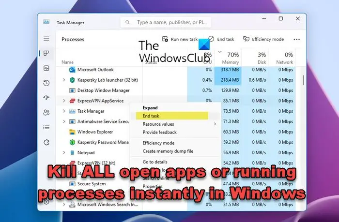 Kill ALL open apps or running processes instantly in Windows