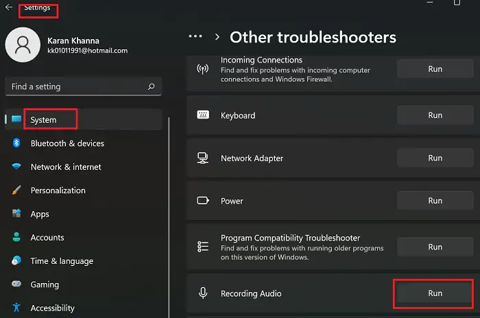 Recording audio troubleshooter in Windows 11