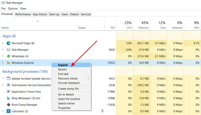 Restart File Explorer Windows