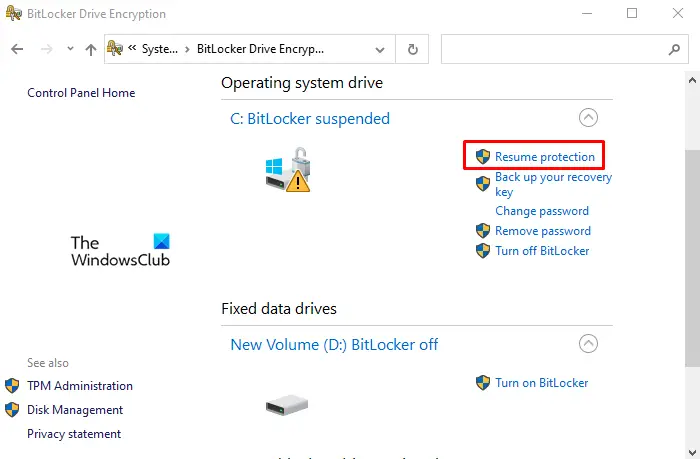 Resume BitLocker encryption on Windows 10