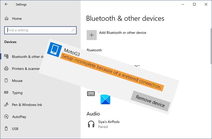 Setup incomplete because of a metered connection