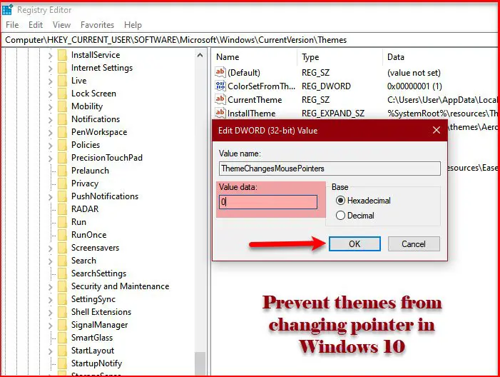 prevent themes from changing Pointer in Windows 10
