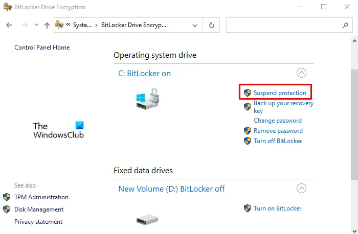 Suspend BitLocker encryption on Windows 10