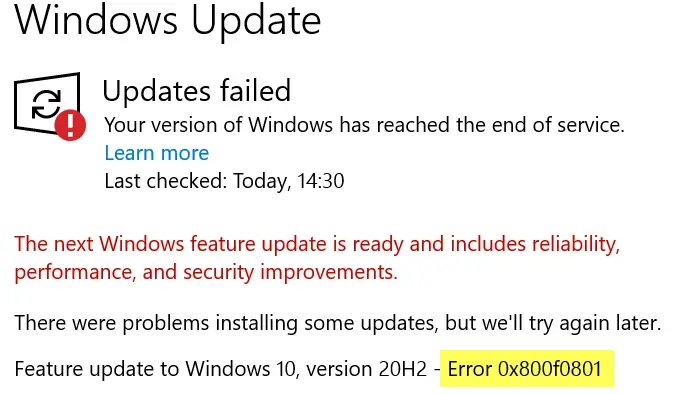 Windows 10 Update Error 0x800f0801
