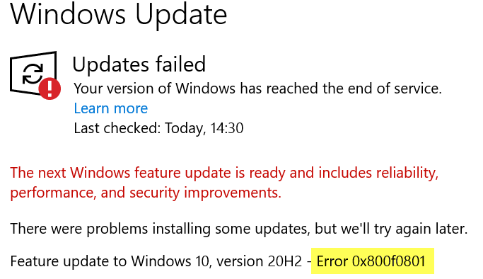 Windows 10 Update Error 0x800f0801