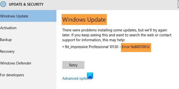 Windows Update error 0x80070012