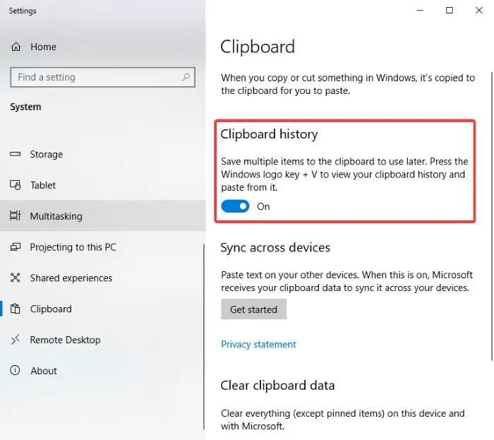Clipboard History not working or showing in Windows 10