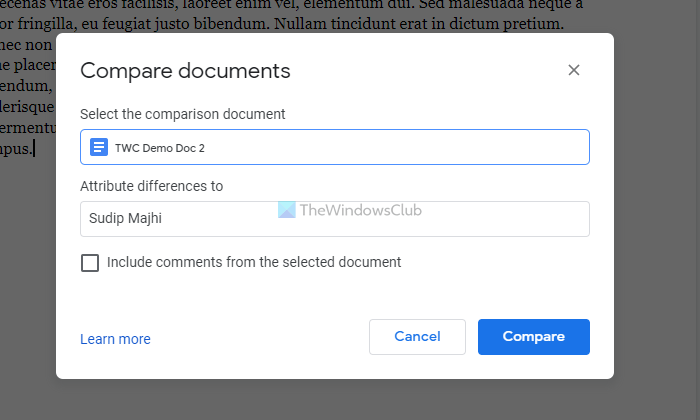 How to compare two documents in Google Docs