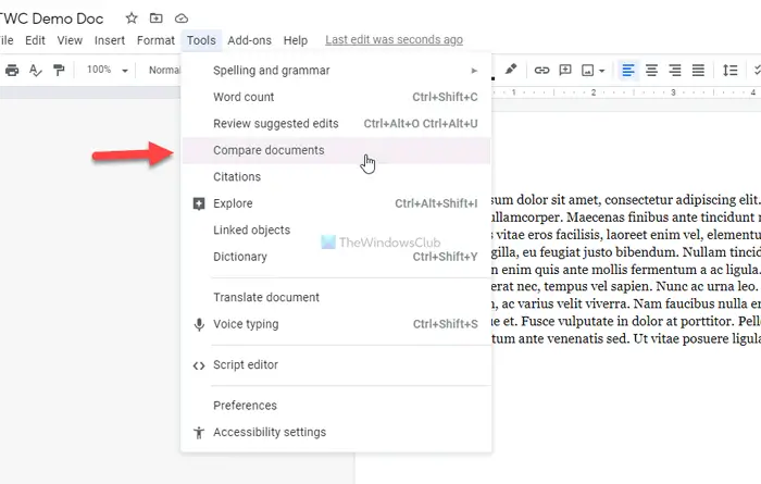 How to compare two documents in Google Docs
