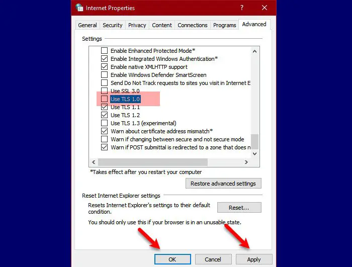 disable TLS 1.0 in Windows 10