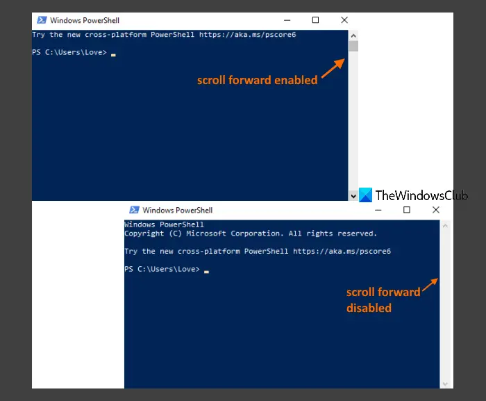 disable scroll forward cmd powershell