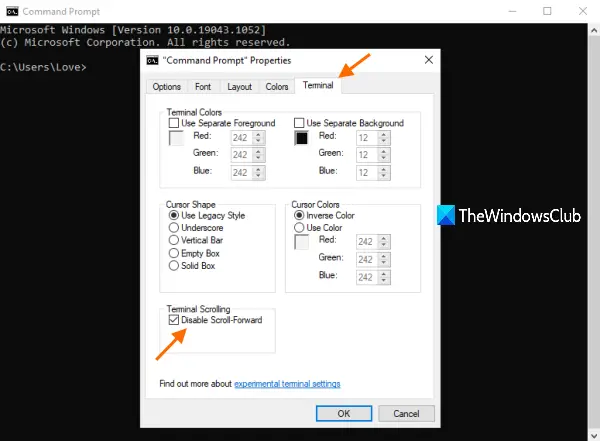 disable scroll forward command prompt