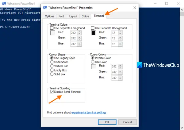 disable scroll forward windows powershell