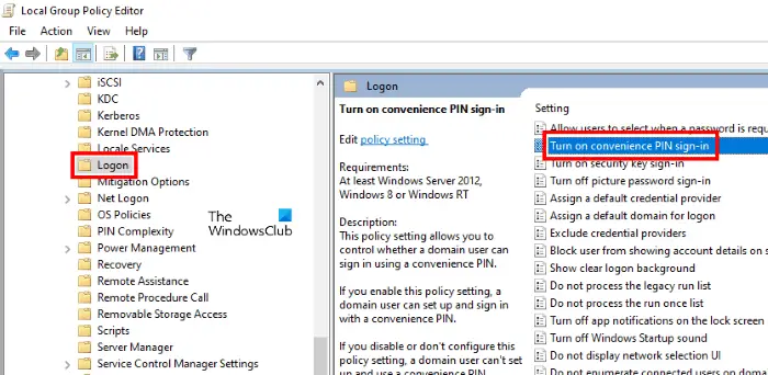 disable windows hello pin gpedit