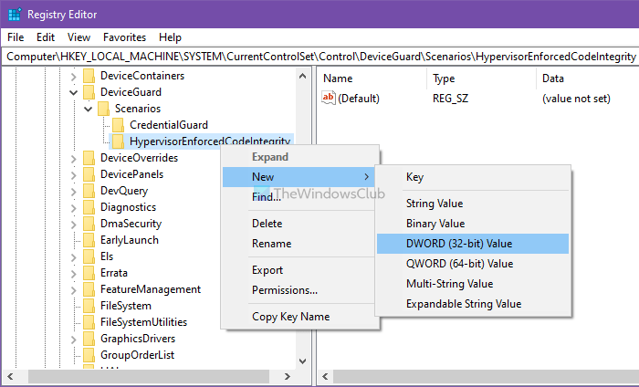 Enable to disable Core isolation Memory integrity using Registry Editor