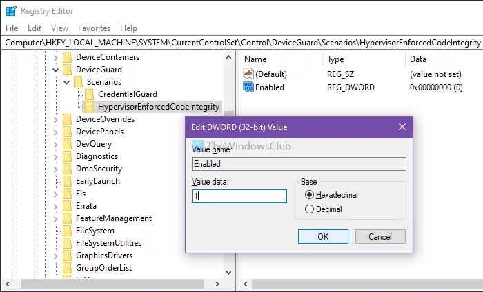 Enable to disable Core isolation Memory integrity using Registry Editor