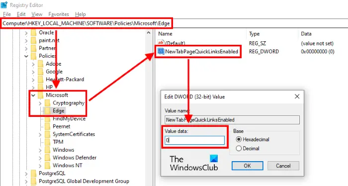 Show quick links in Edge - Registry Editor