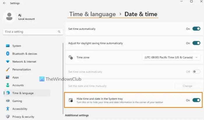 hide time and date in system tray using settings app