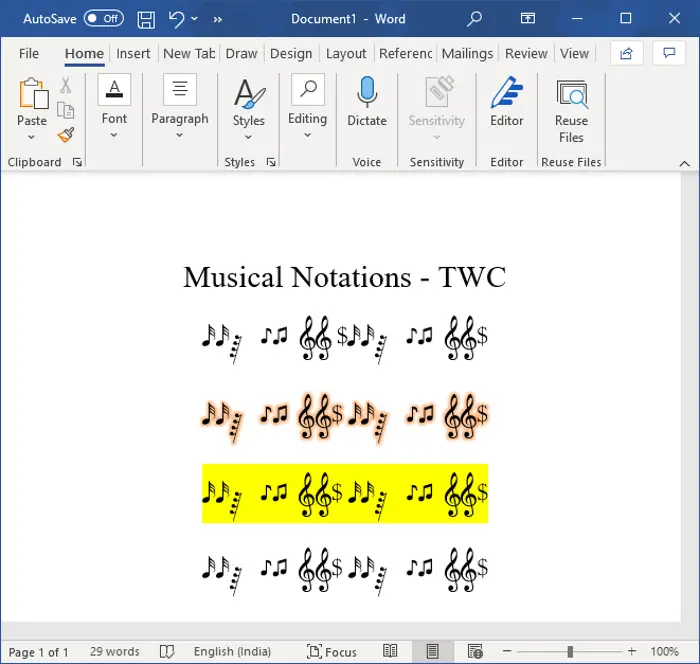 How to insert music notes in Microsoft Word