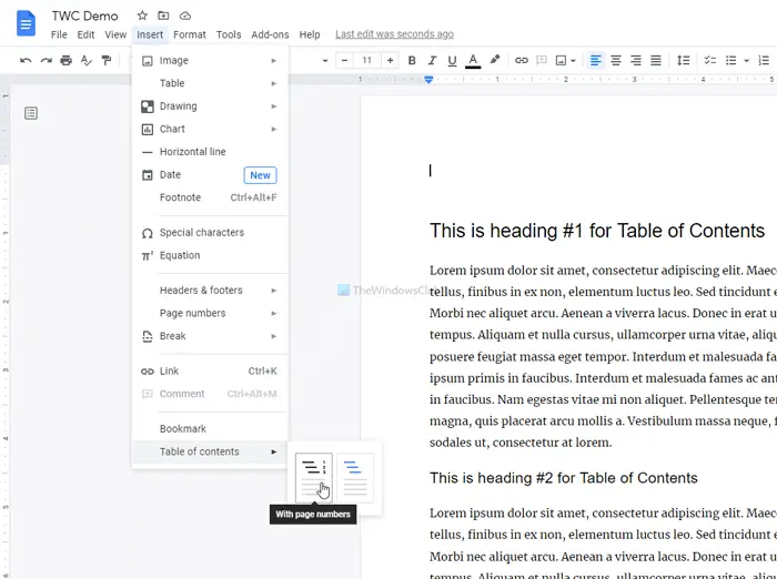 How to insert Table of Contents in Google Docs