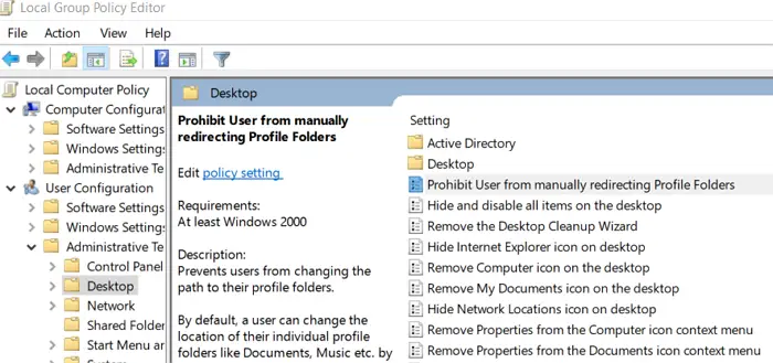 prohibit users from manually redirecting profile folders