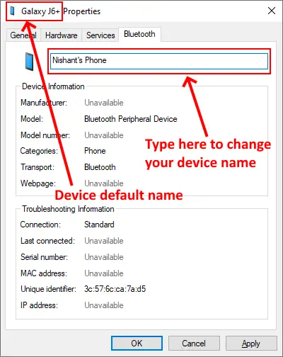 rename bluetooth device Windows 10