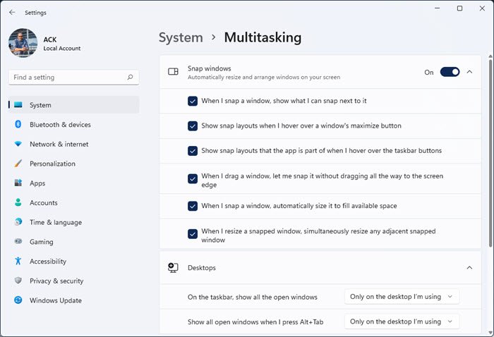 Enable or disable snap layouts on Windows 11