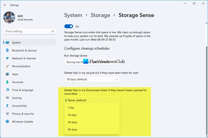 stop or make Storage Sense delete files from the Downloads folder
