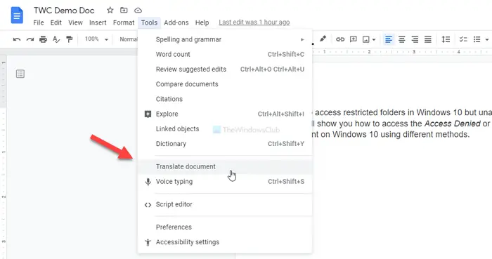How to translate Google Docs documents into any language