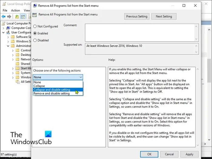 Add or Remove All Apps List in Start Menu-Group Policy
