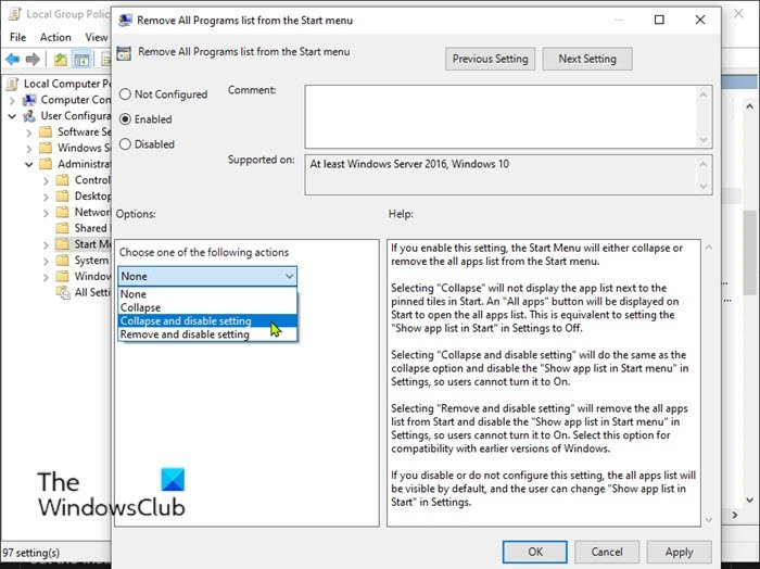 Add or Remove All Apps List in Start Menu-Group Policy