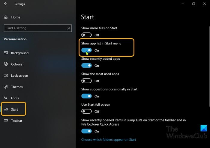 Add or Remove All Apps List in Start Menu-Settings app