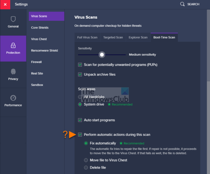 Avast Boot Scan Actions
