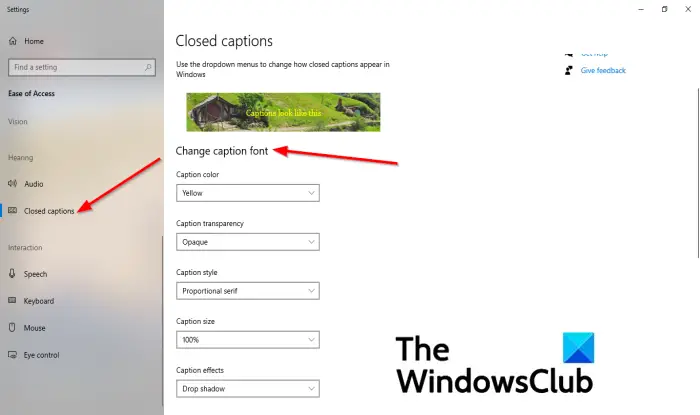 How to change Closed Caption settings in Windows 10