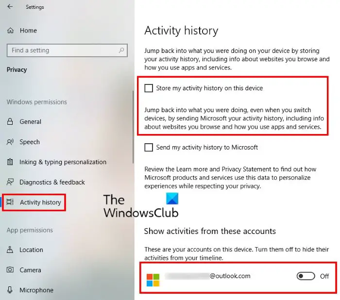 Отключить функцию временной шкалы Windows 10