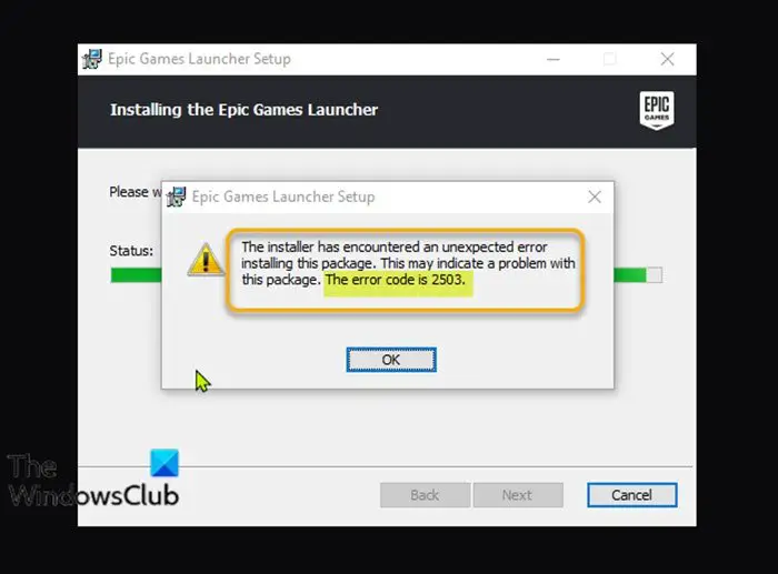 Исправить ошибку установщика Epic Games Launcher 2503 и 2502 в Windows 11/10