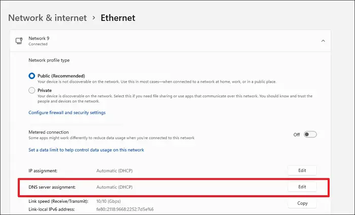 Ethernet DNS server assignment
