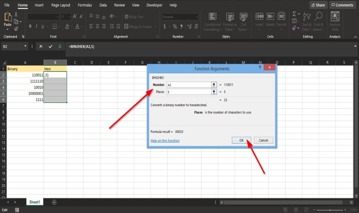 How to use the BIN2HEX function in Excel