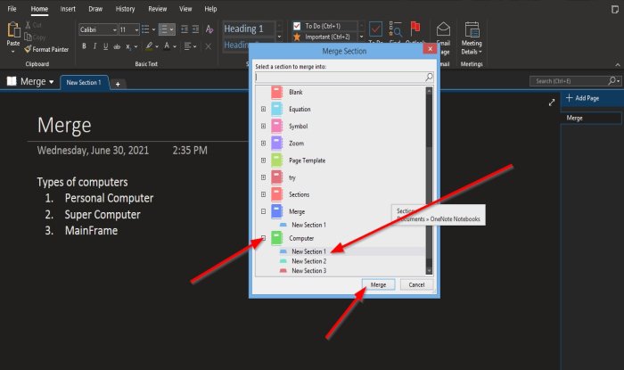 How to move Sections or merge Notebooks in OneNote