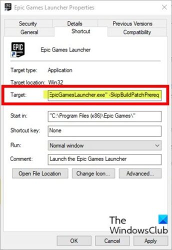 Modify Epic Games Launcher Target parameter