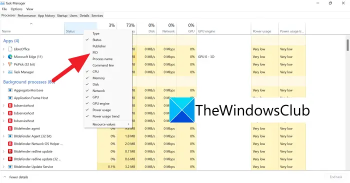 PID Tab in Task Manager