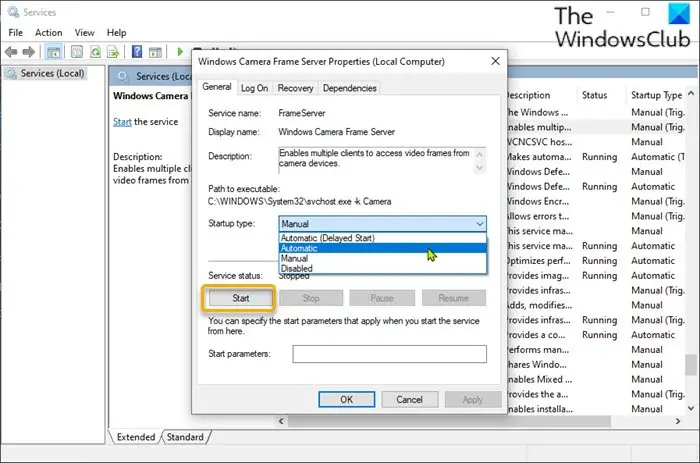 Set Windows Camera Frame Server service to Automatic