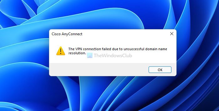 VPN connection failed due to unsuccessful domain name resolution