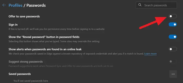 Turn off ofer to save passwords